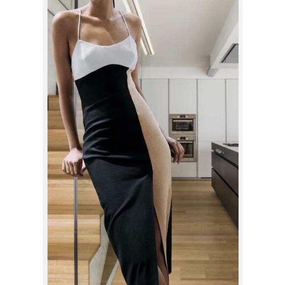 Zara Color Block Strappy Midi Dress WMNS M Black Tan White Scoop Cross Back Slit - Picture 10 of 11